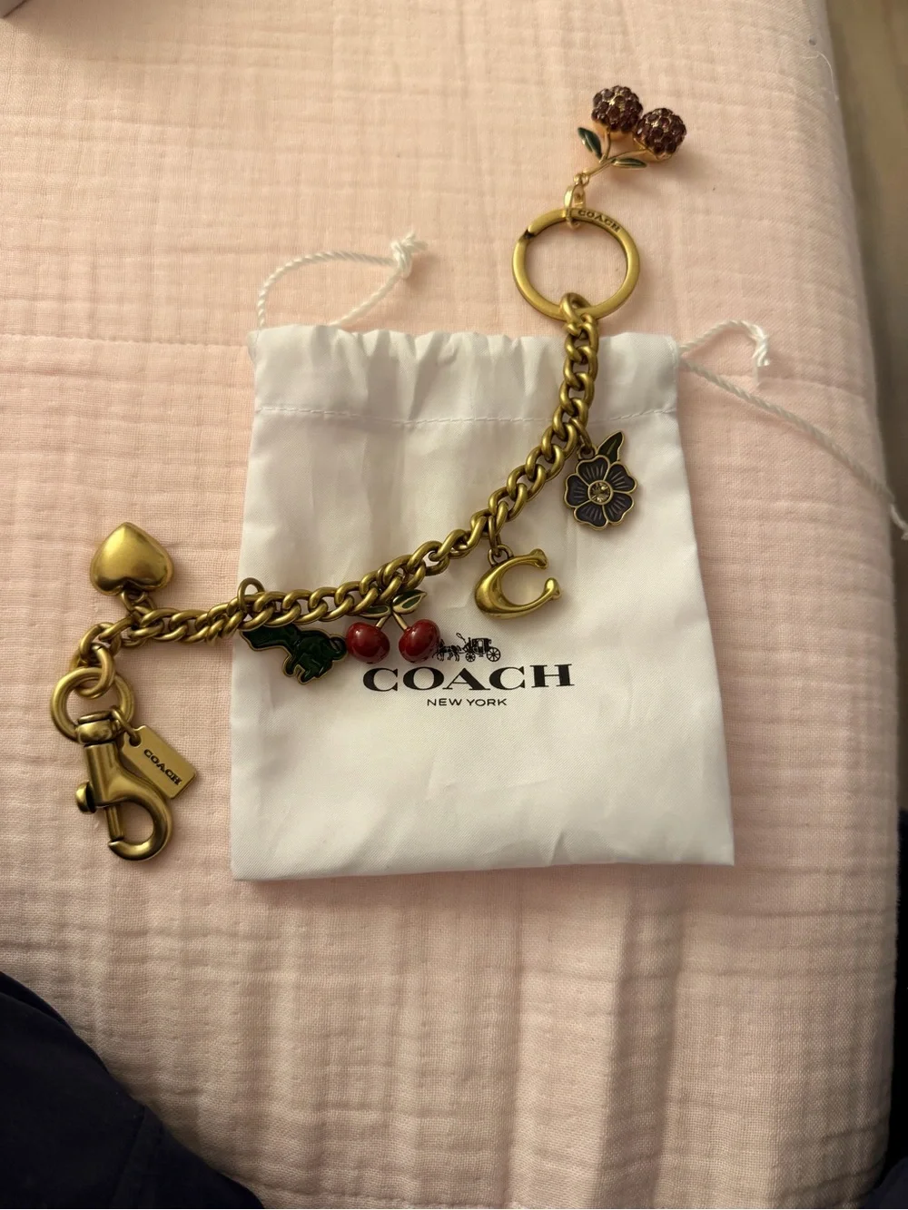 Coach Gold-Tone Charm Bracelet with Red Cherry & Purple Flower Accents